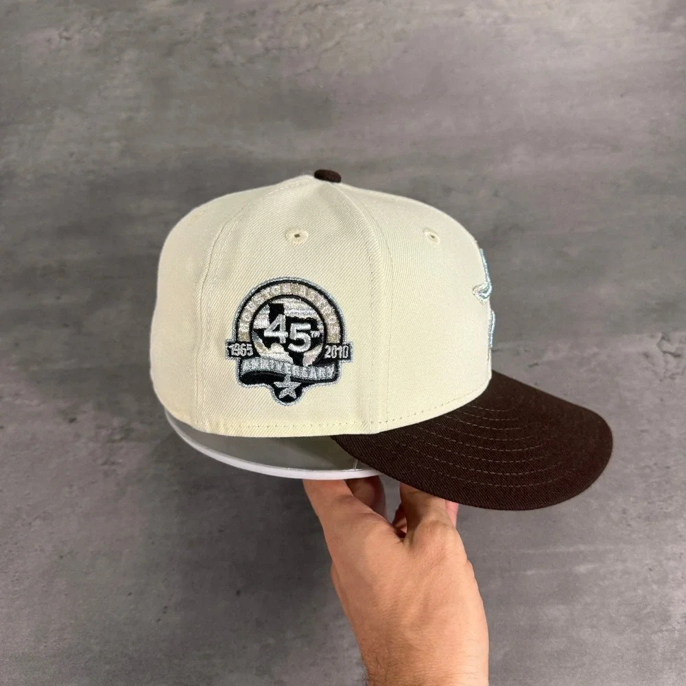Hat Club Houston Astros New Era Hat 7 1/8 59FIFTY Off White Brown Metallic Blue